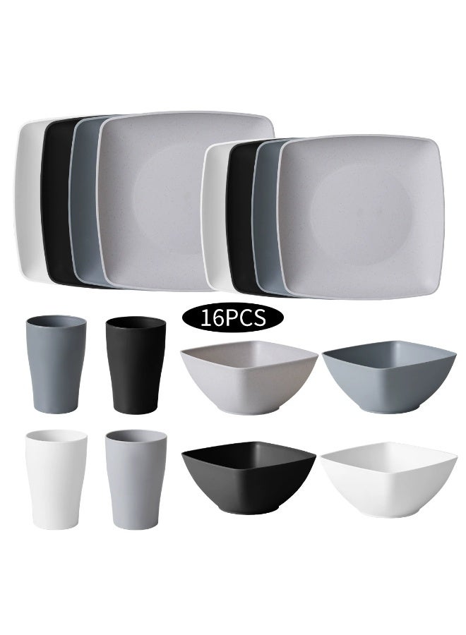 16-Piece Plastic Tableware Set, Including Plates, Bowls, And Cups For 4 People, Square Plates And Salad Bowls, Perfect For Home Use And As A Gift - Image 1